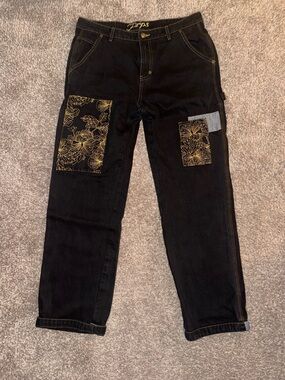PRPS Black Jeans with Gold Floral Patch Accents